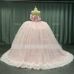 Misshow Off-Shoulder Crystal Beaded Ball Gown with 3D Floral Embellishments Perfect for Quinceaneras Sweet 16 & Formal Evenings