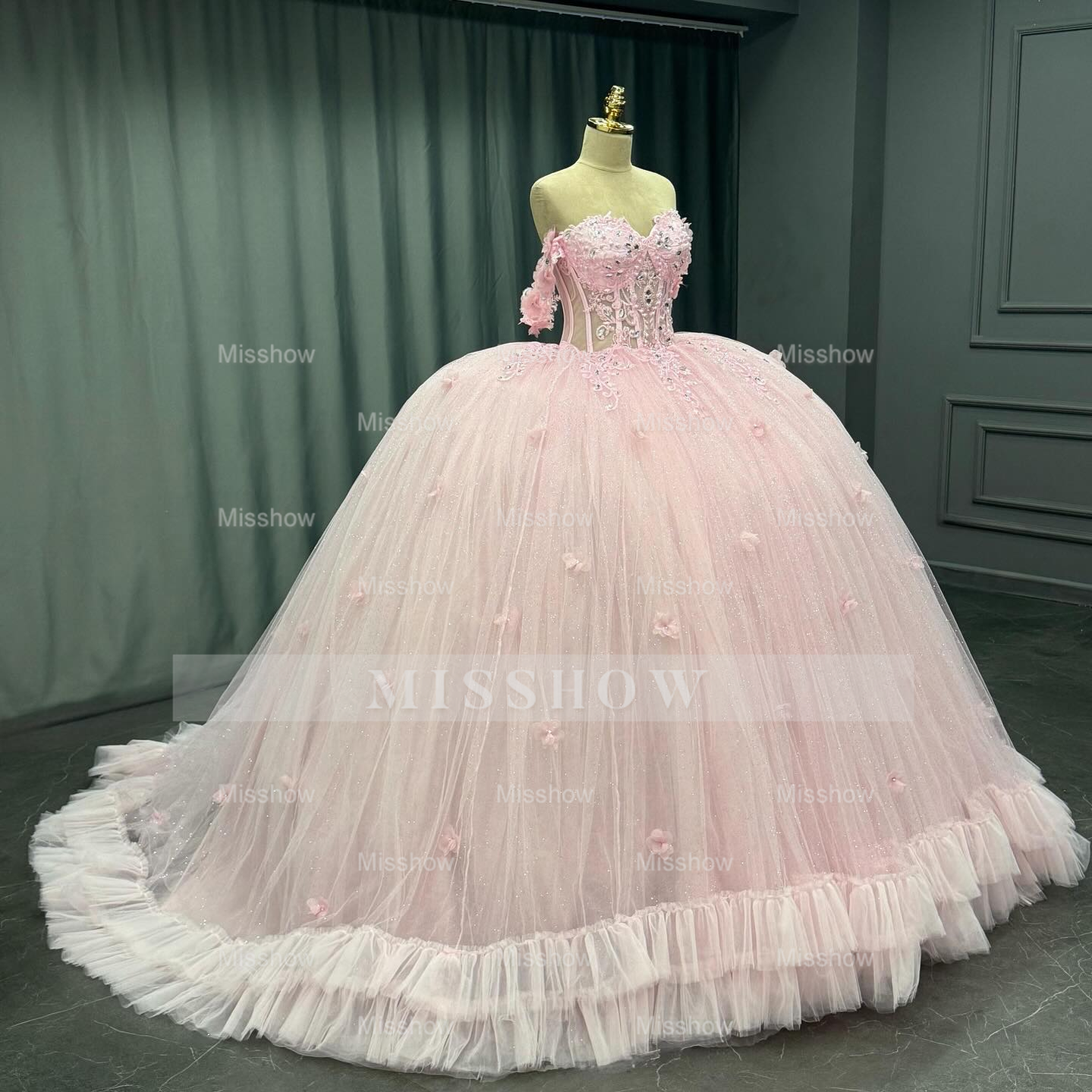 Misshow Off-Shoulder Crystal Beaded Ball Gown with 3D Floral Embellishments Perfect for Quinceaneras Sweet 16 & Formal Evenings