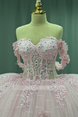 Misshow Off-Shoulder Crystal Beaded Ball Gown with 3D Floral Embellishments Perfect for Quinceaneras Sweet 16 & Formal Evenings