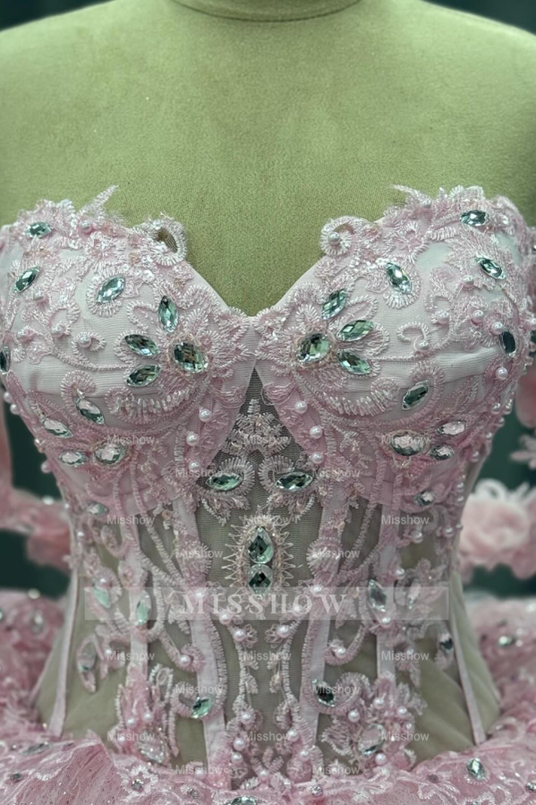 Misshow Off-Shoulder Crystal Beaded Ball Gown with 3D Floral Embellishments Perfect for Quinceaneras Sweet 16 & Formal Evenings