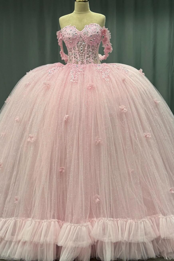 Misshow Off-Shoulder Crystal Beaded Ball Gown with 3D Floral Embellishments Perfect for Quinceaneras Sweet 16 & Formal Evenings