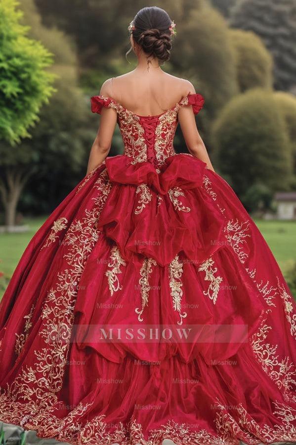 Misshow Off-Shoulder Gold Flower Appliques Red Tulle Quinceanera Dress Tiered Ball Gown for Sweet 16 & Birthday Parties