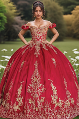 Misshow Off-Shoulder Gold Flower Appliques Red Tulle Quinceanera Dress Tiered Ball Gown for Sweet 16 & Birthday Parties