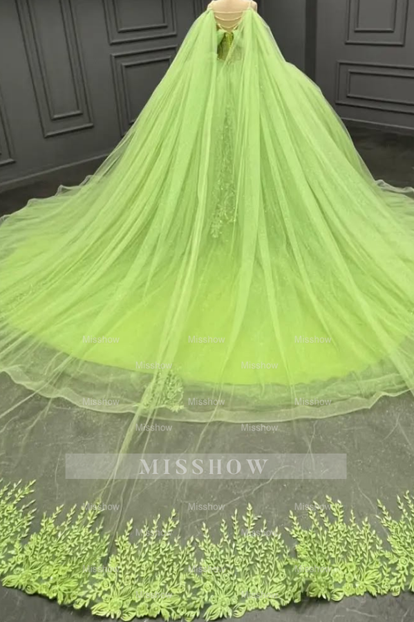 Misshow Off-Shoulder Green Tulle Ball Gown with Beaded Appliques Perfect for Quinceanera Sweet 16 & Formal Evenings