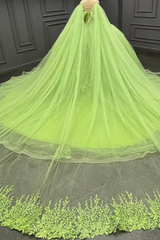 Misshow Off-Shoulder Green Tulle Ball Gown with Beaded Appliques Perfect for Quinceanera Sweet 16 & Formal Evenings