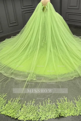 Misshow Off-Shoulder Green Tulle Ball Gown with Beaded Appliques Perfect for Quinceanera Sweet 16 & Formal Evenings