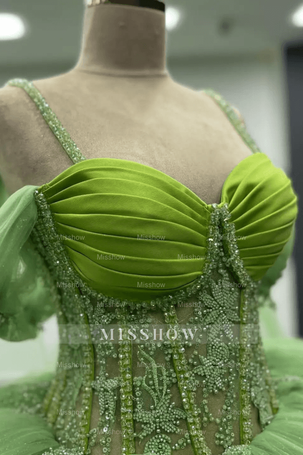 Misshow Off-Shoulder Green Tulle Ball Gown with Beaded Appliques Perfect for Quinceanera Sweet 16 & Formal Evenings