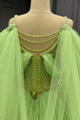 Misshow Off-Shoulder Green Tulle Ball Gown with Beaded Appliques Perfect for Quinceanera Sweet 16 & Formal Evenings