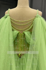 Misshow Off-Shoulder Green Tulle Ball Gown with Beaded Appliques Perfect for Quinceanera Sweet 16 & Formal Evenings