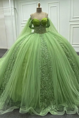 Misshow Off-Shoulder Green Tulle Ball Gown with Beaded Appliques Perfect for Quinceanera Sweet 16 & Formal Evenings