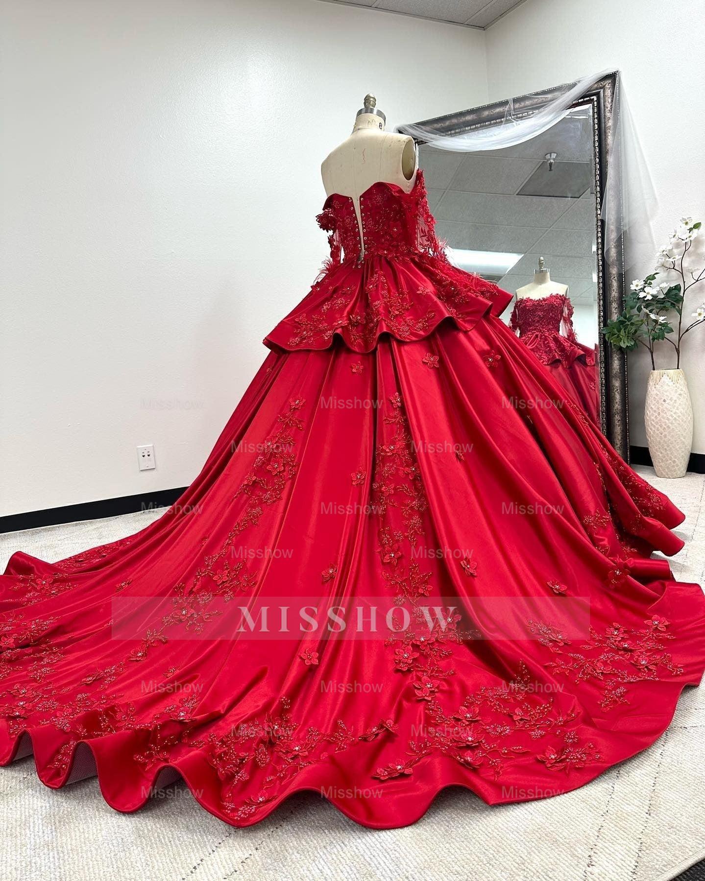 Misshow Off-Shoulder Long Sleeve Red Satin Quinceanera Dress with Floral Lace Appliques Perfect for Sweet 16 Celebrations