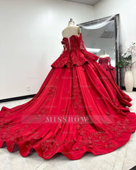 Misshow Off-Shoulder Long Sleeve Red Satin Quinceanera Dress with Floral Lace Appliques Perfect for Sweet 16 Celebrations