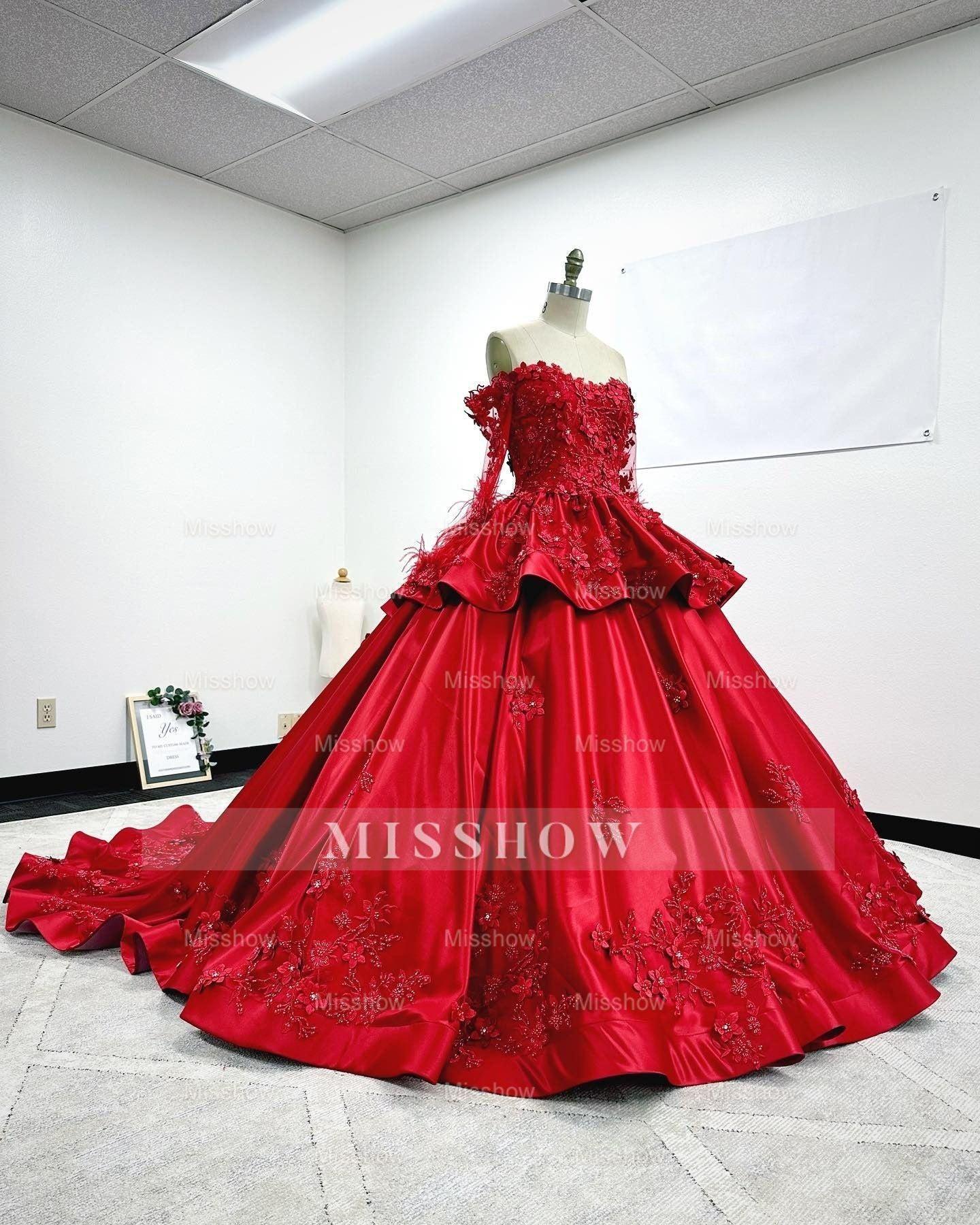 Misshow Off-Shoulder Long Sleeve Red Satin Quinceanera Dress with Floral Lace Appliques Perfect for Sweet 16 Celebrations