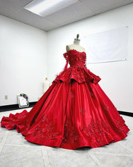Misshow Off-Shoulder Long Sleeve Red Satin Quinceanera Dress with Floral Lace Appliques Perfect for Sweet 16 Celebrations