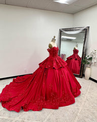 Misshow Off-Shoulder Long Sleeve Red Satin Quinceanera Dress with Floral Lace Appliques Perfect for Sweet 16 Celebrations