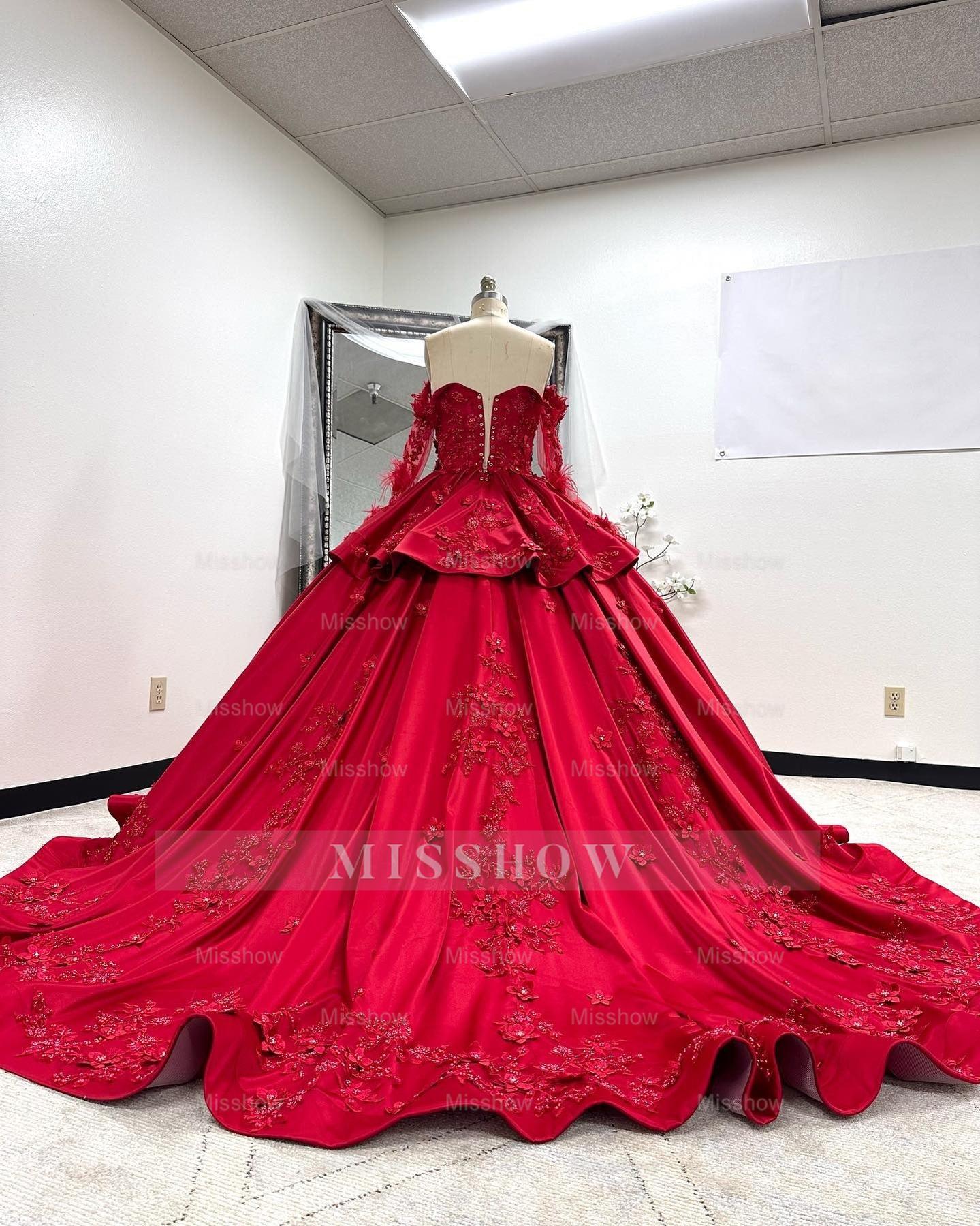 Misshow Off-Shoulder Long Sleeve Red Satin Quinceanera Dress with Floral Lace Appliques Perfect for Sweet 16 Celebrations