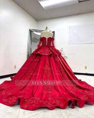 Misshow Off-Shoulder Long Sleeve Red Satin Quinceanera Dress with Floral Lace Appliques Perfect for Sweet 16 Celebrations