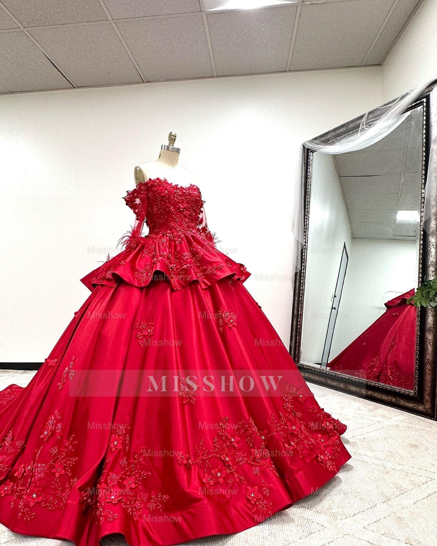 Misshow Off-Shoulder Long Sleeve Red Satin Quinceanera Dress with Floral Lace Appliques Perfect for Sweet 16 Celebrations