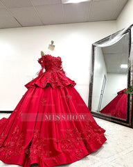 Misshow Off-Shoulder Long Sleeve Red Satin Quinceanera Dress with Floral Lace Appliques Perfect for Sweet 16 Celebrations