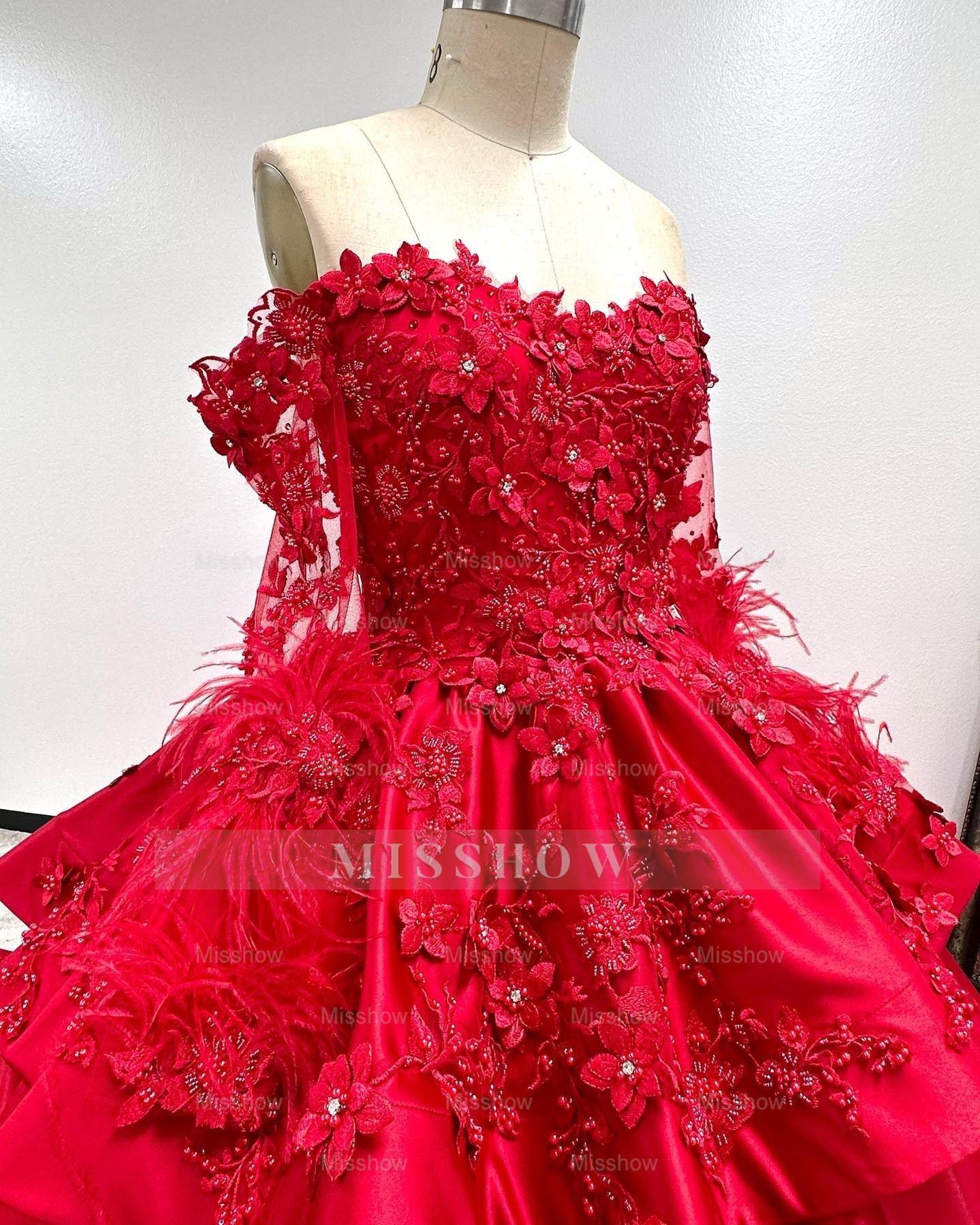 Misshow Off-Shoulder Long Sleeve Red Satin Quinceanera Dress with Floral Lace Appliques Perfect for Sweet 16 Celebrations