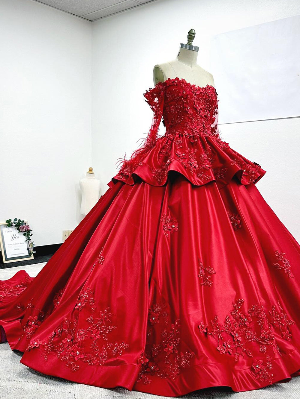 Misshow Off-Shoulder Long Sleeve Red Satin Quinceanera Dress with Floral Lace Appliques Perfect for Sweet 16 Celebrations