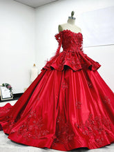 Misshow Off-Shoulder Long Sleeve Red Satin Quinceanera Dress with Floral Lace Appliques Perfect for Sweet 16 Celebrations