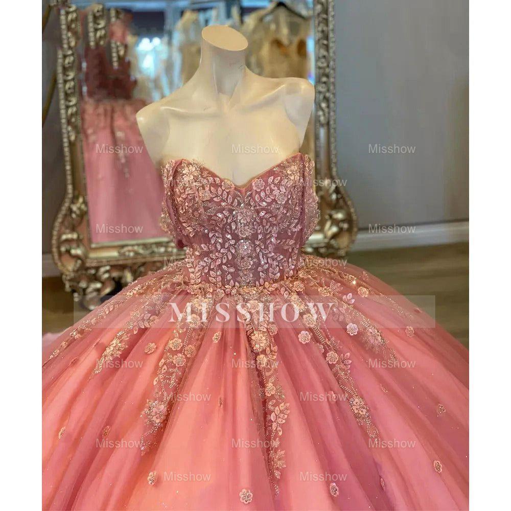 Misshow Off-Shoulder Pink Tulle Quinceanera Dress with Floral Applique & Beaded Sparkle Perfect for Sweet 16 & Birthday Galas