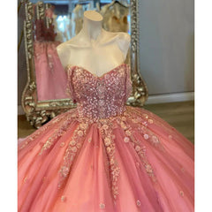 Misshow Off-Shoulder Pink Tulle Quinceanera Dress with Floral Applique & Beaded Sparkle Perfect for Sweet 16 & Birthday Galas