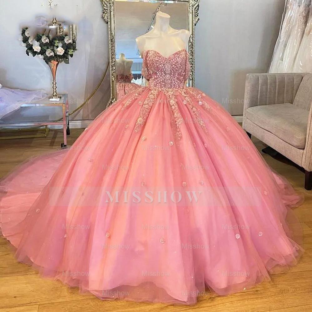 Misshow Off-Shoulder Pink Tulle Quinceanera Dress with Floral Applique & Beaded Sparkle Perfect for Sweet 16 & Birthday Galas