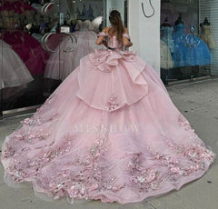 Misshow Off-Shoulder Pink Tulle Quinceanera Dress with Floral Appliques & Beaded Ruffles Perfect for Sweet 16 & Graduation Galas