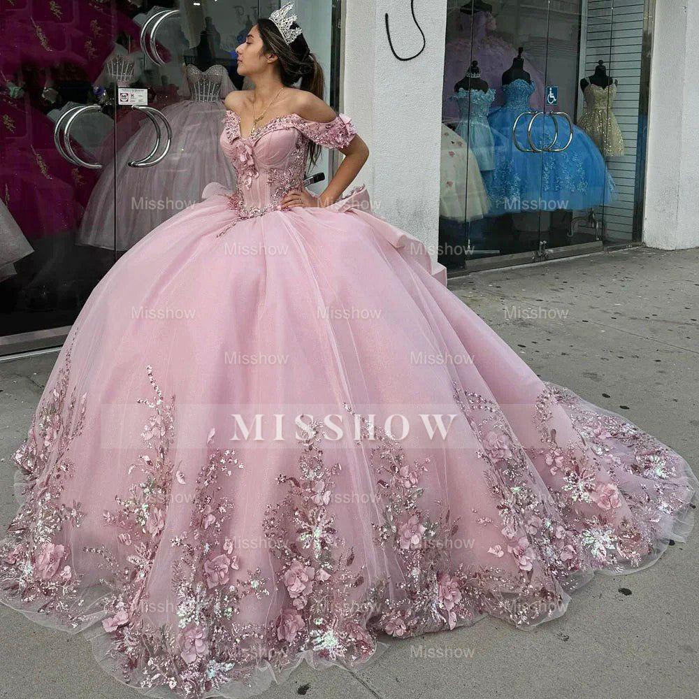 Misshow Off-Shoulder Pink Tulle Quinceanera Dress with Floral Appliques & Beaded Ruffles Perfect for Sweet 16 & Graduation Galas