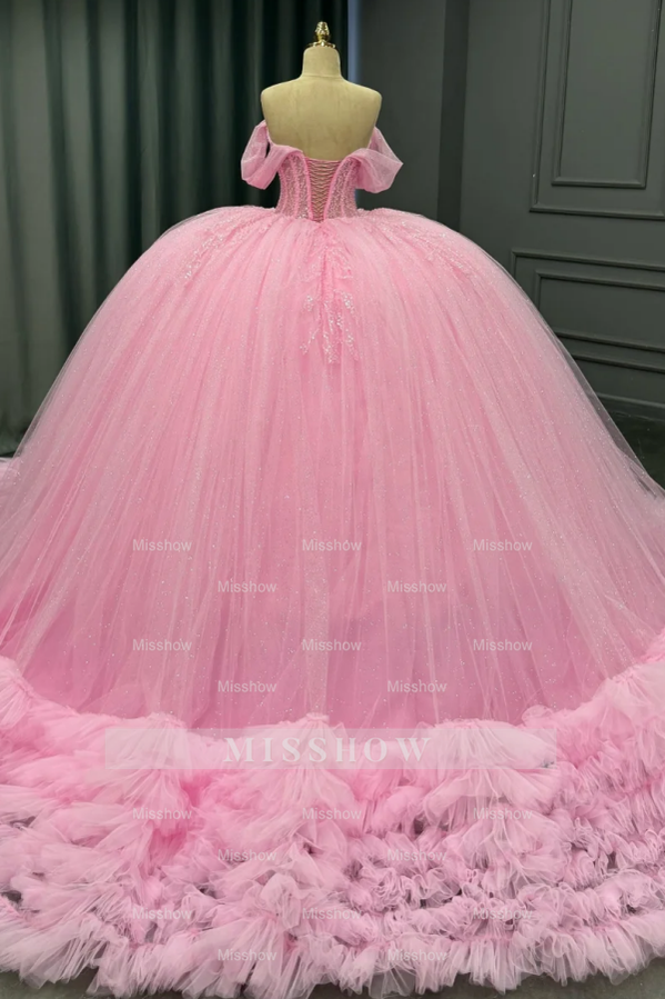 Misshow Off-Shoulder Pleated Tulle Quinceanera Dress Beaded Tiered Ball Gown for Sweet 16 & Birthday Parties