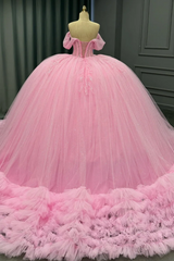 Misshow Off-Shoulder Pleated Tulle Quinceanera Dress Beaded Tiered Ball Gown for Sweet 16 & Birthday Parties