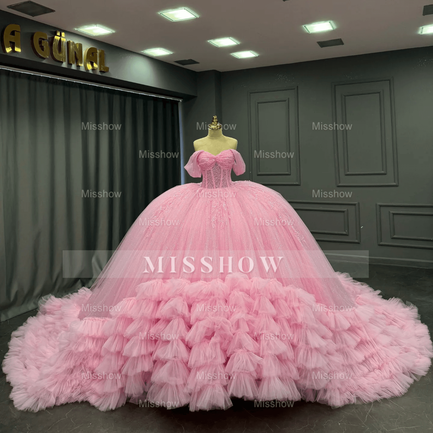 Misshow Off-Shoulder Pleated Tulle Quinceanera Dress Beaded Tiered Ball Gown for Sweet 16 & Birthday Parties