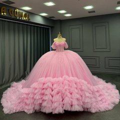 Misshow Off-Shoulder Pleated Tulle Quinceanera Dress Beaded Tiered Ball Gown for Sweet 16 & Birthday Parties