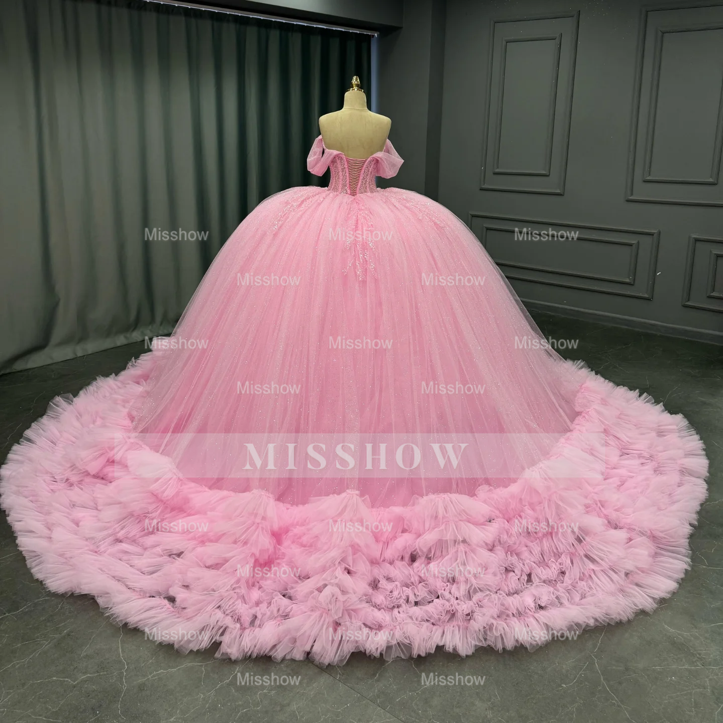 Misshow Off-Shoulder Pleated Tulle Quinceanera Dress Beaded Tiered Ball Gown for Sweet 16 & Birthday Parties