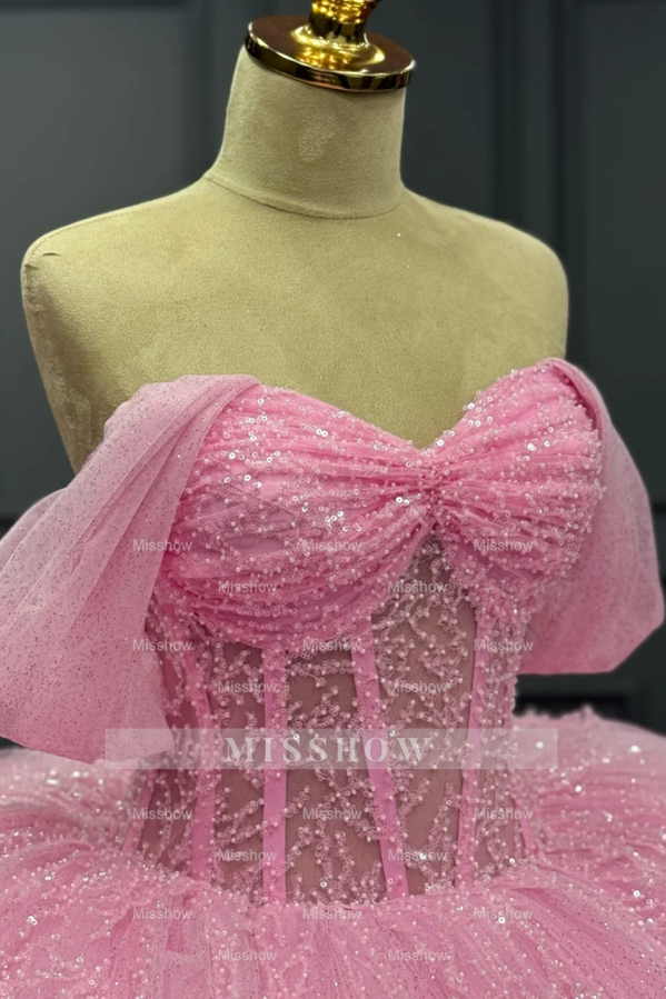 Misshow Off-Shoulder Pleated Tulle Quinceanera Dress Beaded Tiered Ball Gown for Sweet 16 & Birthday Parties