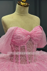 Misshow Off-Shoulder Pleated Tulle Quinceanera Dress Beaded Tiered Ball Gown for Sweet 16 & Birthday Parties