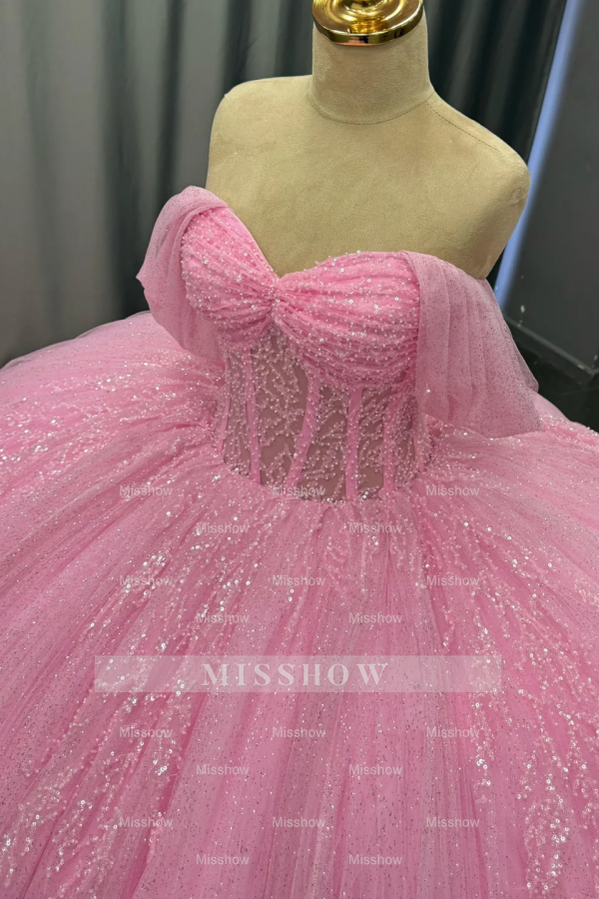 Misshow Off-Shoulder Pleated Tulle Quinceanera Dress Beaded Tiered Ball Gown for Sweet 16 & Birthday Parties