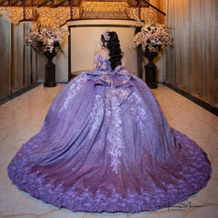 Misshow Off-Shoulder Purple Ball Gown 3D Floral Lace Beaded Sequins & Tiered Ruffles for Quinceanera Sweet 16 & Birthday Parties