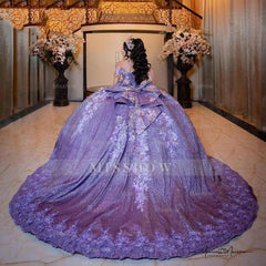 Misshow Off-Shoulder Purple Ball Gown 3D Floral Lace Beaded Sequins & Tiered Ruffles for Quinceanera Sweet 16 & Birthday Parties