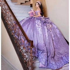 Misshow Off-Shoulder Purple Ball Gown 3D Floral Lace Beaded Sequins & Tiered Ruffles for Quinceanera Sweet 16 & Birthday Parties
