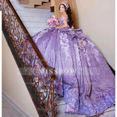 Misshow Off-Shoulder Purple Ball Gown 3D Floral Lace Beaded Sequins & Tiered Ruffles for Quinceanera Sweet 16 & Birthday Parties