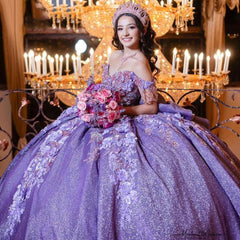 Misshow Off-Shoulder Purple Ball Gown 3D Floral Lace Beaded Sequins & Tiered Ruffles for Quinceanera Sweet 16 & Birthday Parties