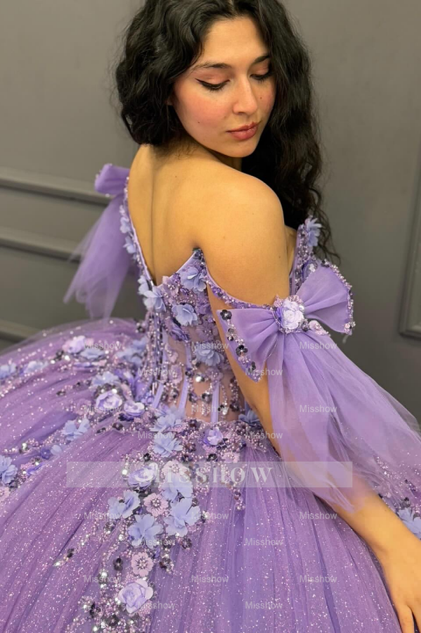 Misshow Off-Shoulder Purple Ball Gown Sequined 3D Floral Applique Pleated Tulle Quinceanera & Sweet 16 Party Dress