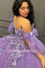 Misshow Off-Shoulder Purple Ball Gown Sequined 3D Floral Applique Pleated Tulle Quinceanera & Sweet 16 Party Dress