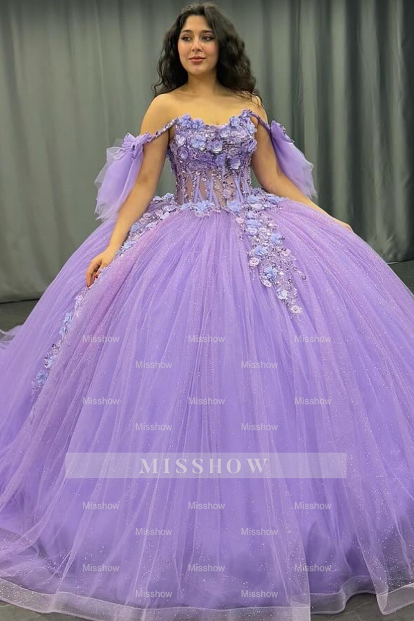 Misshow Off-Shoulder Purple Ball Gown Sequined 3D Floral Applique Pleated Tulle Quinceanera & Sweet 16 Party Dress