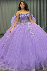 Misshow Off-Shoulder Purple Ball Gown Sequined 3D Floral Applique Pleated Tulle Quinceanera & Sweet 16 Party Dress