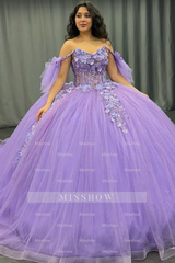 Misshow Off-Shoulder Purple Ball Gown Sequined 3D Floral Applique Pleated Tulle Quinceanera & Sweet 16 Party Dress