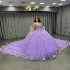 Misshow Off-Shoulder Purple Ball Gown Sequined 3D Floral Applique Pleated Tulle Quinceanera & Sweet 16 Party Dress